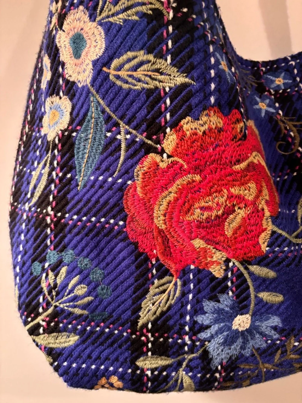 Johnny Was Mila Blue Plaid Embroidered Tote Bag - Picture 7 of 15